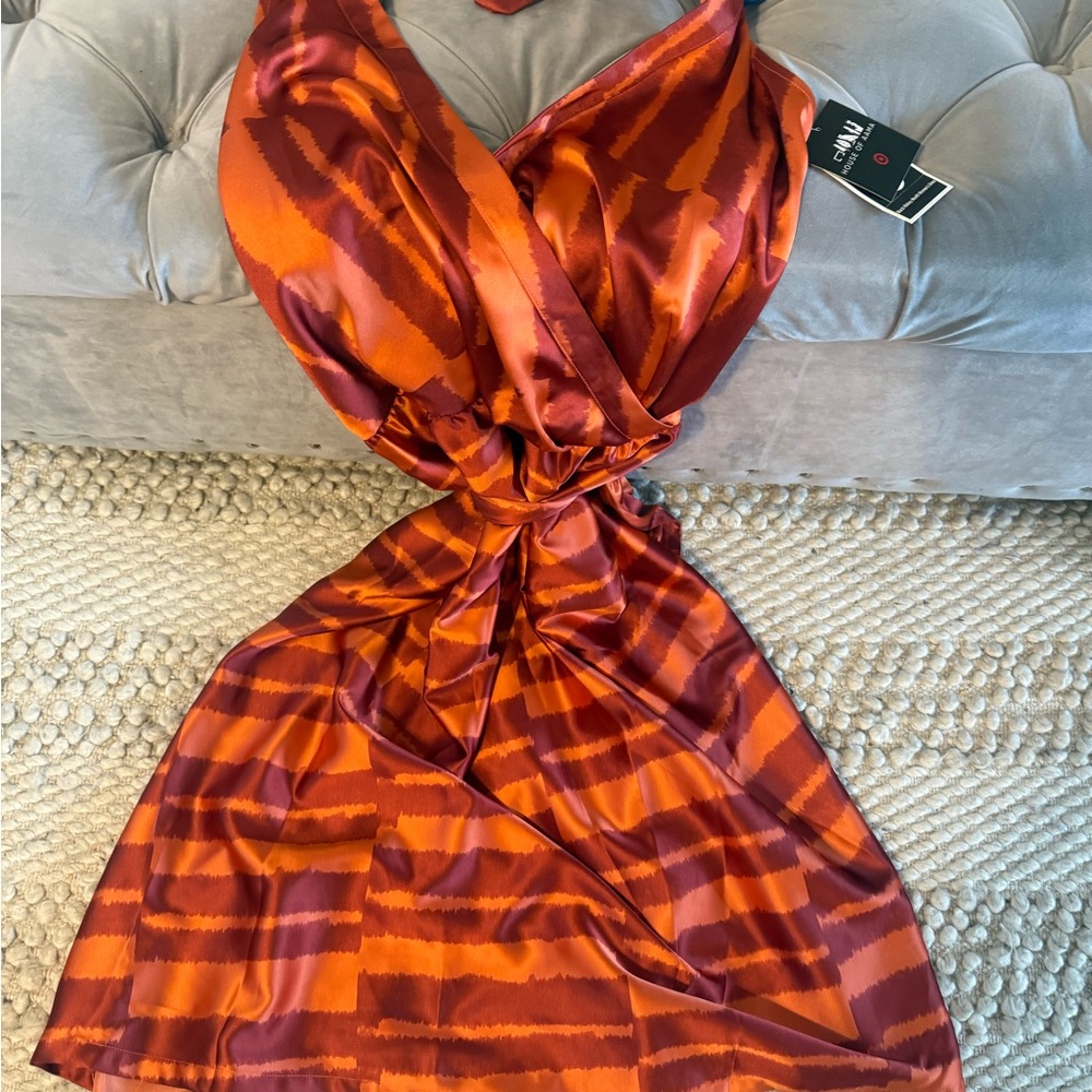 Orange Ruched Halter Sundress for Cocktail